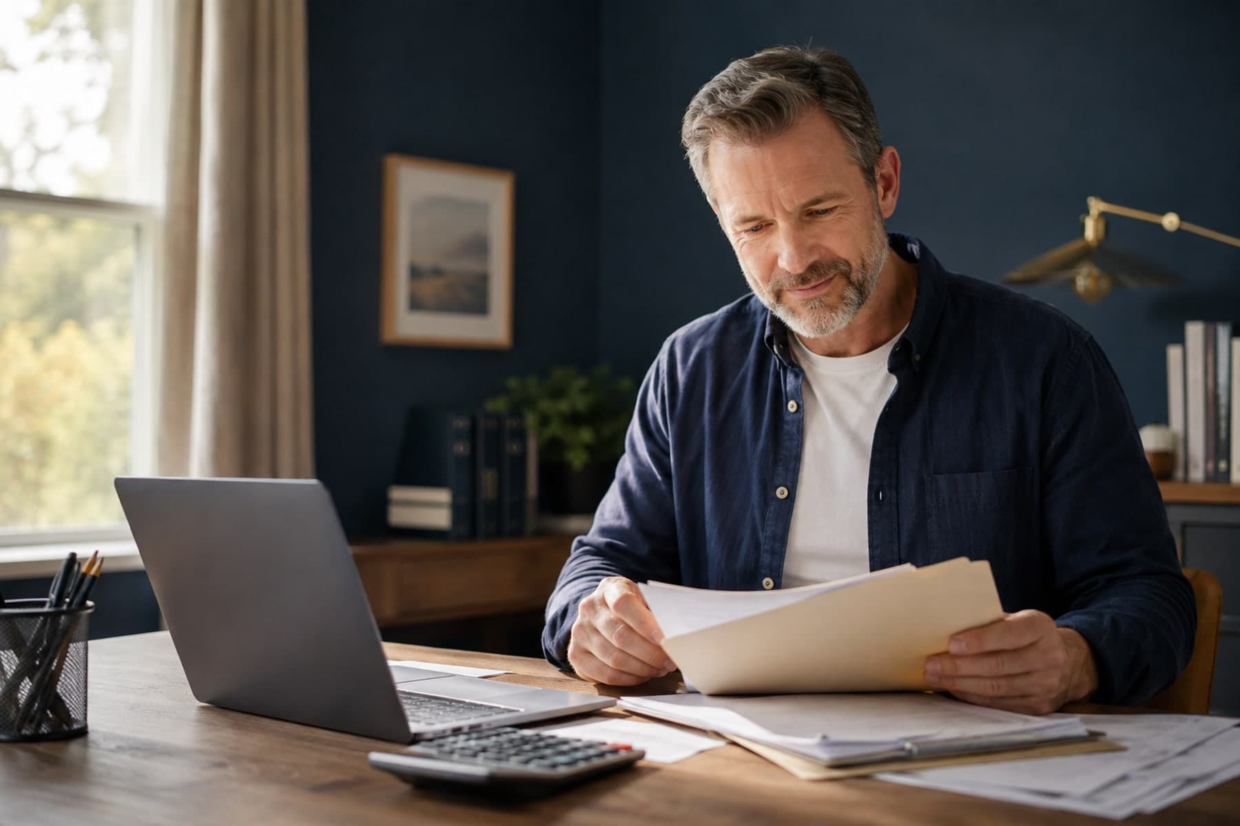 Client organizing prior-year tax paperwork at a desk