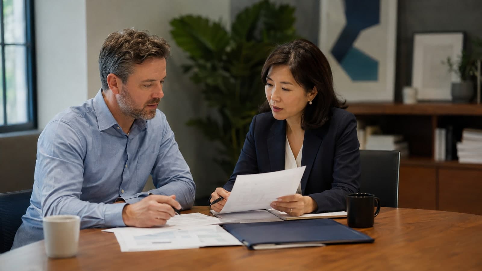 Business owner and tax advisor reviewing records together
