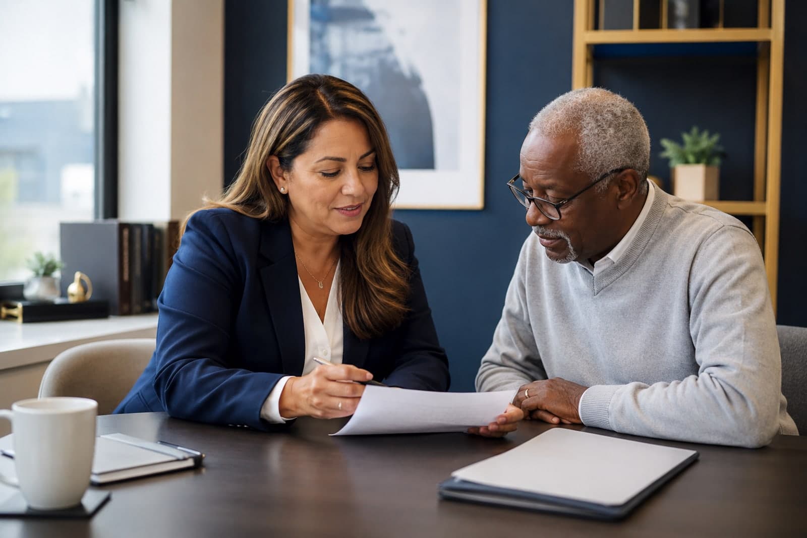 Financial professional reviewing a document with a client