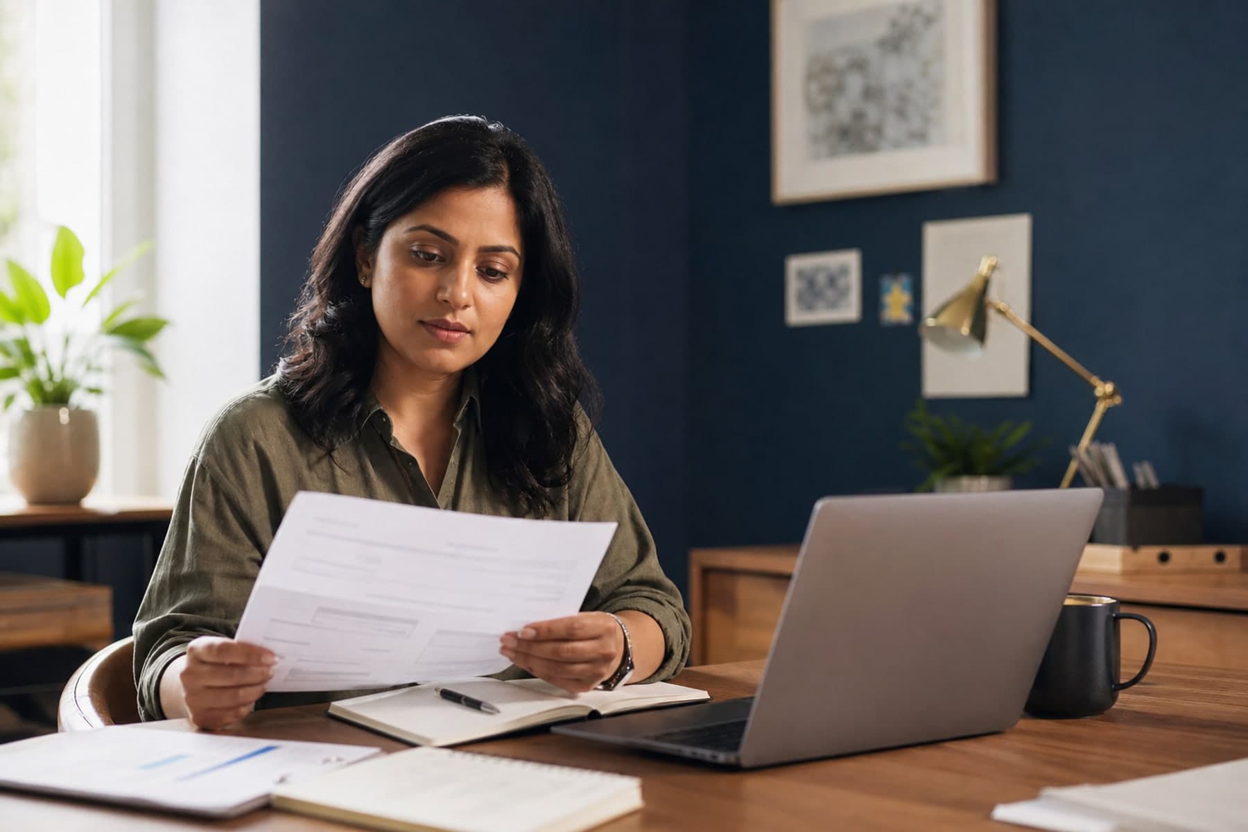 Independent contractor reviewing records beside a laptop