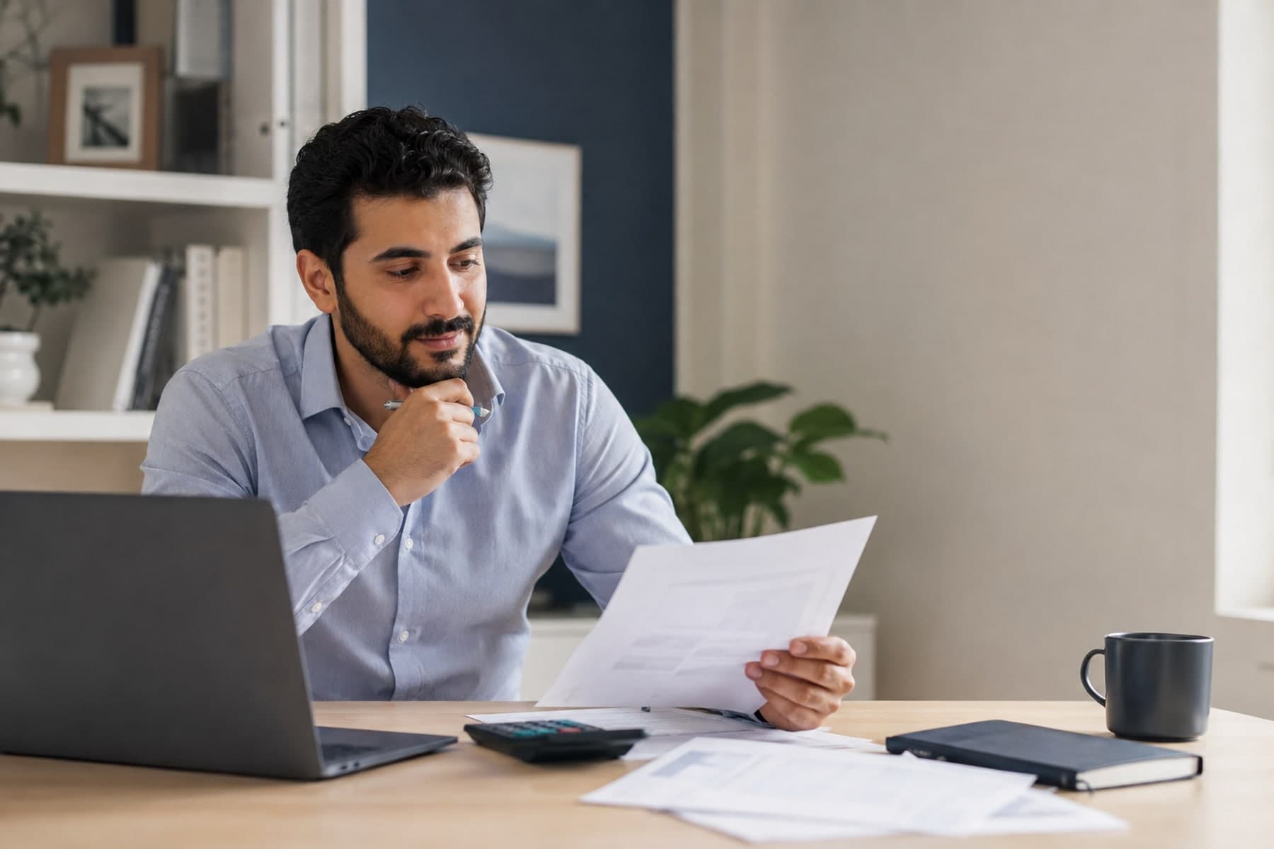 Taxpayer organizing income records at a home office desk